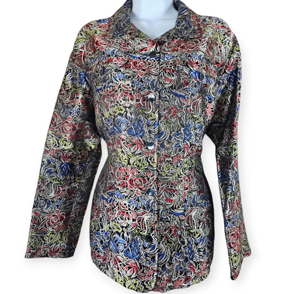 NWOT Chicos black red blue yellow embroidered floral silk jacket Womens Large